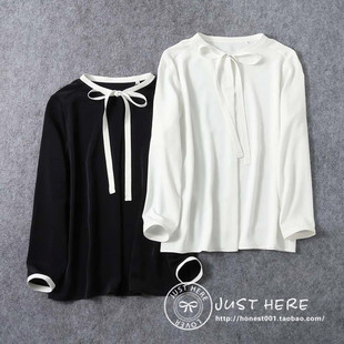 日本2023秋女士白色飘带立领百搭通勤衬衫 外贸原单优雅长袖 雪纺衫