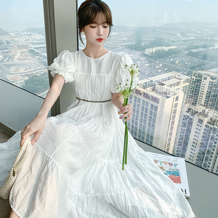 褶皱仙女裙子 2024夏季 新款 白色泡泡袖 复古气质显瘦连衣裙女装 法式