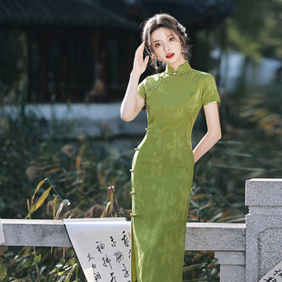 绿色新中式 年轻款 新款 少女复古风连衣裙 古法全开襟旗袍2024年夏季