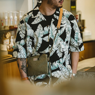 沙滩度假印花衬衣男 复古夏威夷芭蕉叶短袖 衬衫 五分袖 美式 马登工装
