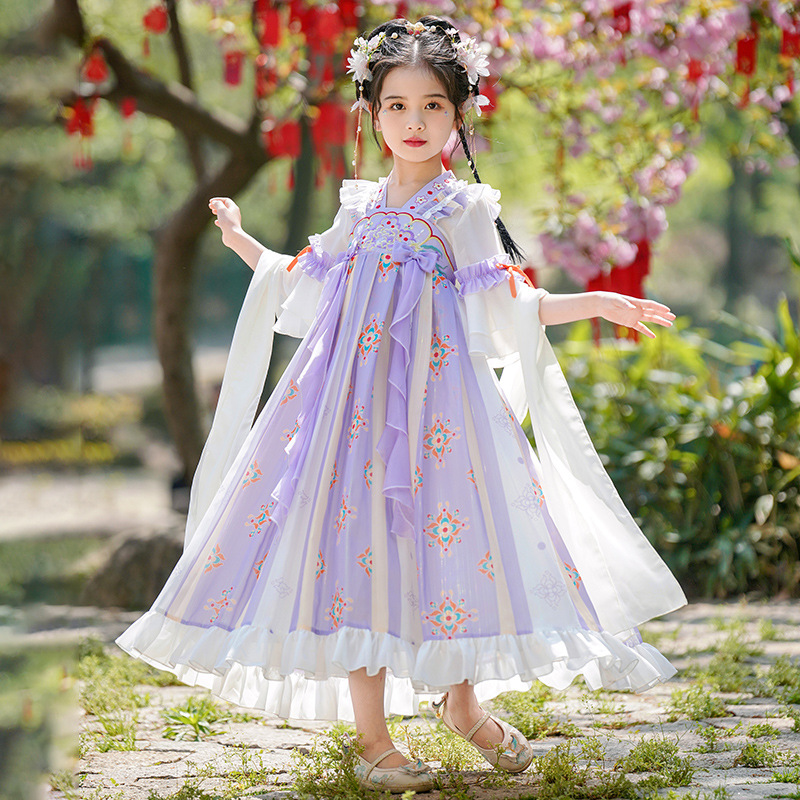 儿童中国风唐装 紫色公主裙夏款 仙气连衣裙女孩古装 汉服女大童薄款