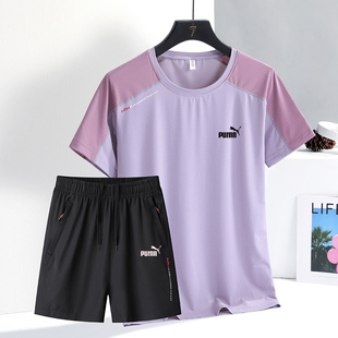 品牌冰丝速干运动短袖 套装 户外跑步健身T恤羽毛球服两件套 女夏季