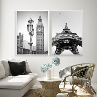 饰画客厅背景墙北欧现代简约餐厅组合壁画巴黎风景挂画 黑白建筑装