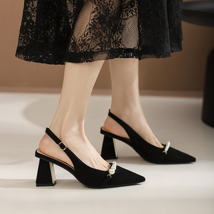 单鞋 法式 新款 高级感旗袍马面裙高跟鞋 子包头凉鞋 黑色粗跟鞋 女夏季