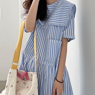 韩国chic夏季 新款 连衣裙长裙女 减龄海军领宽松口袋设计感条纹短袖