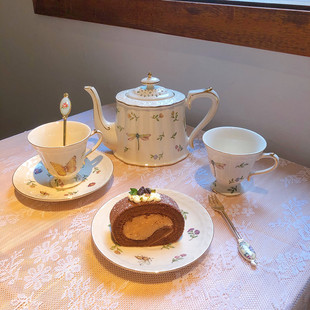 法式 金边复古蜻蜓蝴蝶碎花咖啡杯英式 茶壶vintage 下午茶杯碟套装