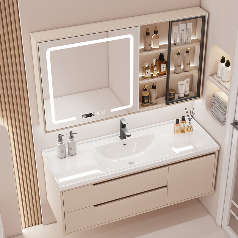 奶油风浴室柜陶瓷一体盆轻奢现代浴室柜卫生间洗手盆柜组合洗脸盆