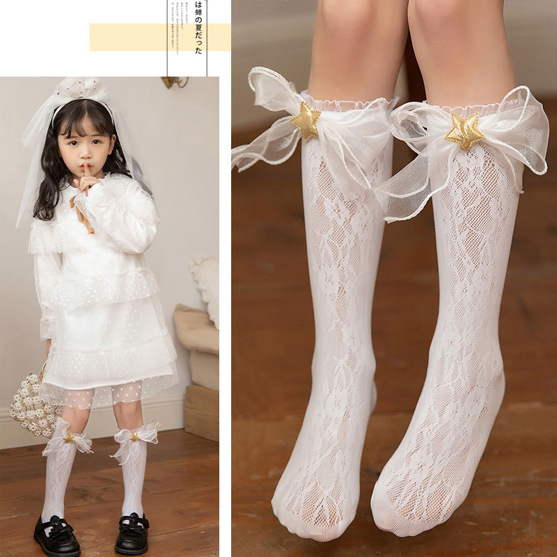 公主裙小腿袜女孩白色蕾丝花边长筒膝盖袜 薄款 女童洛丽塔袜子夏季