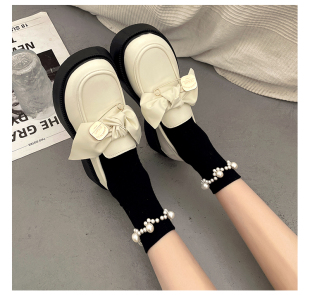 带珍珠边 乐福鞋 夏季 搭配日系复古学院风 袜子黑色中筒韩国女薄款