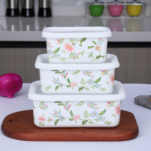 珐琅搪瓷保鲜盒碗芳香搪瓷方盒冰箱保鲜碗带盖饭盒密封盒家用餐盒