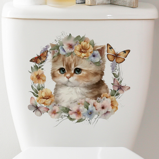 饰盖子 花环猫咪蝴蝶墙贴纸厕所卫生间防水自粘壁纸墙贴画马桶装