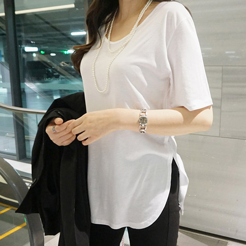 时尚 韩国女装 上衣 侧开叉休闲宽松白色短袖 2024夏季 T恤女薄款 新品