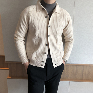 韩版 男 复古翻领长袖 摩摹 针织开衫 春秋纯色棱形格子毛衣外套