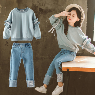 两件套 2022韩版 洋气中大童女孩袖 子花边卫衣牛仔裤 套装 女童春秋装