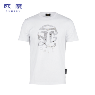 T恤针织白色棉男潮流修身 版 型夏季 欧度短袖 OUHTEU