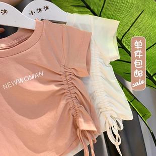 女童夏季 上衣纯棉女孩圆领上衣ins简约风字母韩版 t恤抽绳款 短袖