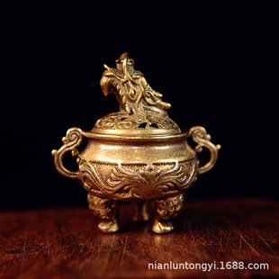 古玩杂项黄铜三足鼎香炉摆件盖雕花纯铜香炉铜器收藏