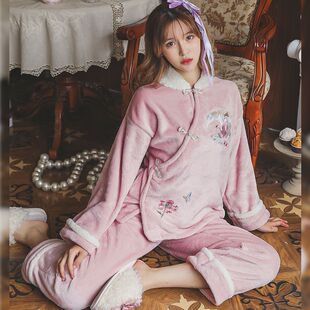秋冬季 新中式 女学生中国风古风复古汉服珊瑚绒加绒加厚 睡衣套装