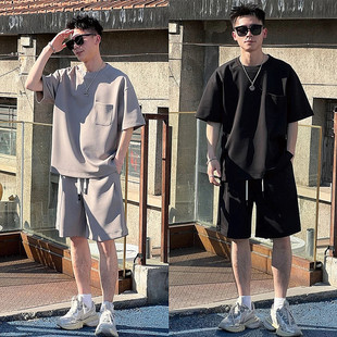 夏季 韩系时尚 两件套 潮流宽松短袖 简约纯色休闲运动套装 短裤 男士