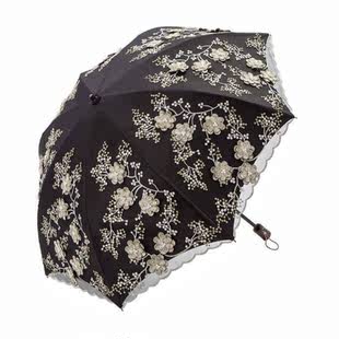 防晒防紫外线二折双层蕾丝刺绣花遮阳太阳伞黑胶公主晴雨洋伞少女
