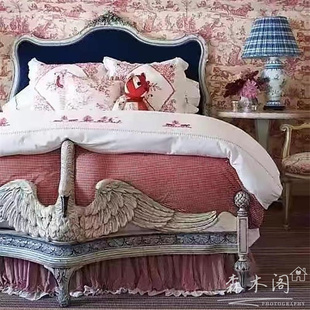 复古做旧软包床卧室纯实木雕刻双人床婚床 实木创意天鹅床法式 美式