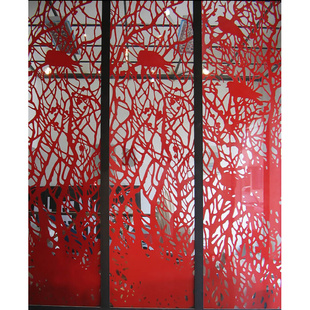 抽象树 钢化艺术玻璃玄关双面隔断屏风透明亮底红色静谧手工雕欧式