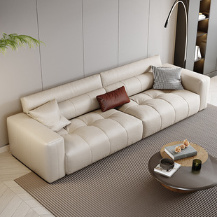 极简小户型直排客厅沙发现代简约皮艺 奶油风钢琴键真皮沙发意式