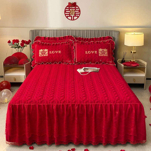 红色喜庆棉加厚床裙丝花边婚蕾庆床罩结婚用夹.8m2米双人09032床1