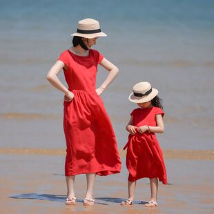 文艺红色海边拍照旅游度假母女连衣裙 66课夏新款 小乐往原创亲子装