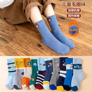 加绒加厚儿童袜子保暖毛圈袜地板袜可爱卡通中筒毛巾袜婴 极速冬季