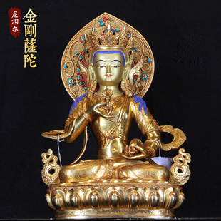 金刚萨陀佛像尼泊尔纯手工铜鎏金带背光金刚萨锤桌面摆件38cm 藏式