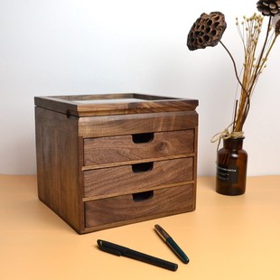 带盖文具盒杂物盒笔 北美黑胡桃实木钢笔收纳盒大x容量多层抽屉式