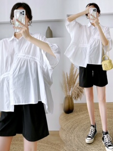 两件套潮妈遮肚减龄女夏 外出时尚 款 白色上衣黑色短裤 夏季 孕妇套装