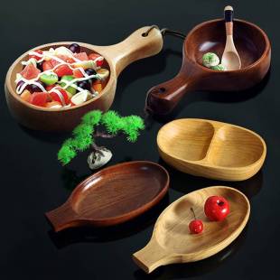 榉木手把碗泡菜碗木质特色小食碗沙拉碗日式 整木碗甜品碗创意餐具