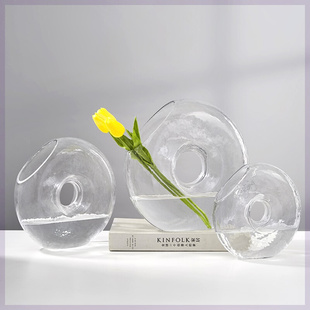 饰品 装 北欧ins风创意透明冷纹玻璃花瓶中空半圆弧形圆形花艺软装