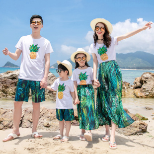 半身裙男母女装 套装 海边度假沙滩家庭装 一家四口菠萝短袖 亲子装
