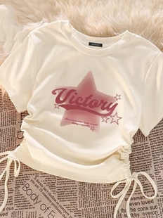 棉女童杏色短袖 t恤夏季 女孩中大童抽绳设计感星星印花上衣潮 款