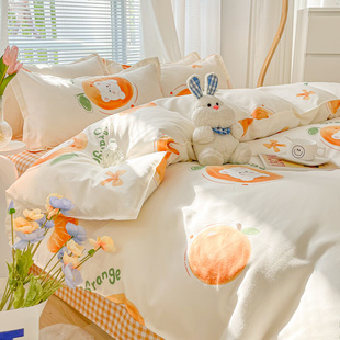 橘子兔少女心床上四件套磨毛卡通学生非全棉纯棉床单人被套宿舍三