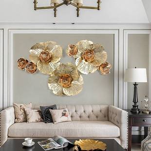 定制新中式 铁艺牡丹花壁挂客厅时尚 饰 家居金色挂饰创意立体墙面装
