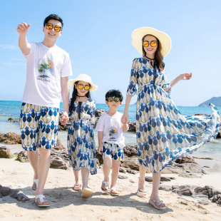 民族风三亚旅游裙子 海边度假沙滩裙洋气情侣母女装 一家三口亲子装