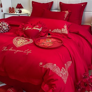 大红色婚庆四件套纯棉全棉100新婚床单盖被套结婚房喜庆床上用品4