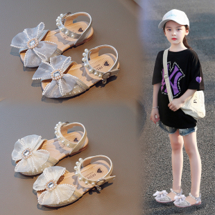 新款 儿童洋气蝴蝶结包头凉鞋 小女孩宝宝水晶鞋 2024夏季 女童公主鞋