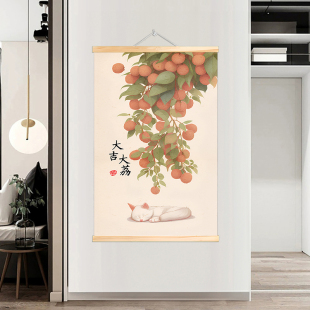 饰画餐厅壁画 柿柿如意大吉大利实木卷轴挂画客厅卧室玄关入户门装