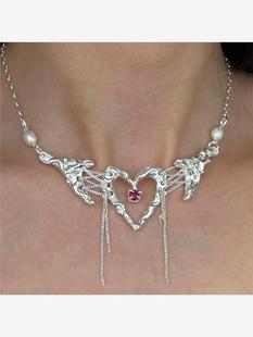 水钻锁骨链女甜酷熔岩液态金属褶皱项链necklace 欧美爱心流苏个性