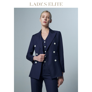 LadySElite藏青色戗驳领西装 通勤上班族纯色西服女装 女时尚 套装