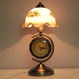 新款 带钟表可调光书房装 复古田园古典卧室床头灯新中式 饰玻璃 欧式