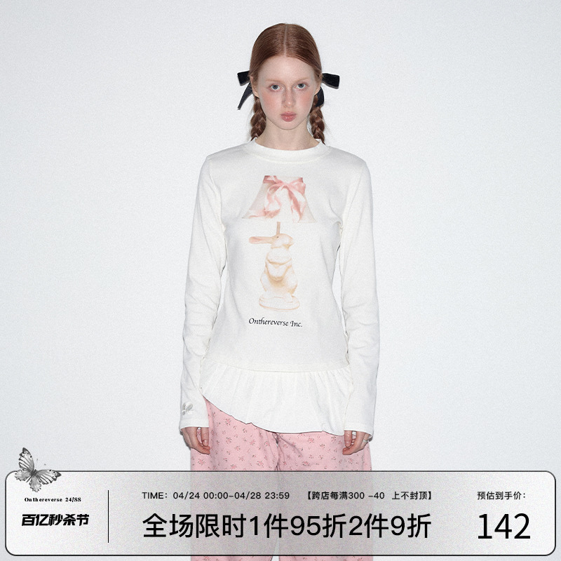 Onthereverse 原创设计韩系少女蝴蝶兔子结印花长袖 上衣女 T恤春季