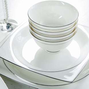 景恒 白金银边现代轻奢餐具套装 家用北欧式 碗盘 高端骨瓷碗碟套装