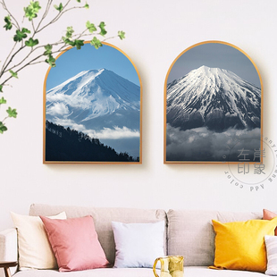 饰画客厅餐厅玄关拱形挂画 简约现代富士山雪山风景摄影大幅高档装