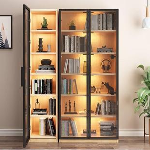 实木书柜现代简约客厅书房储物柜带灯玻璃门防尘书橱组合收纳柜子